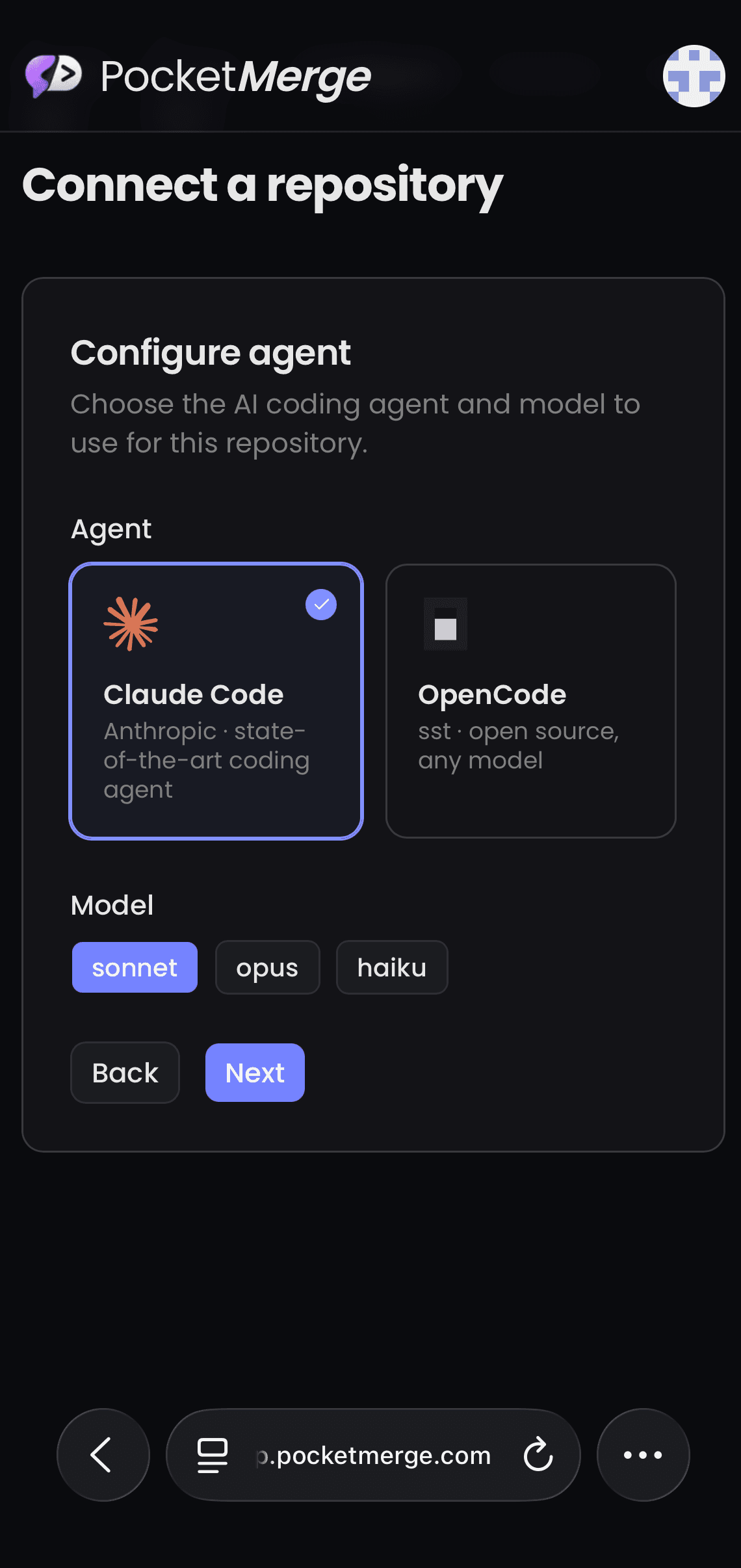 Agent and model picker in Pocket Merge