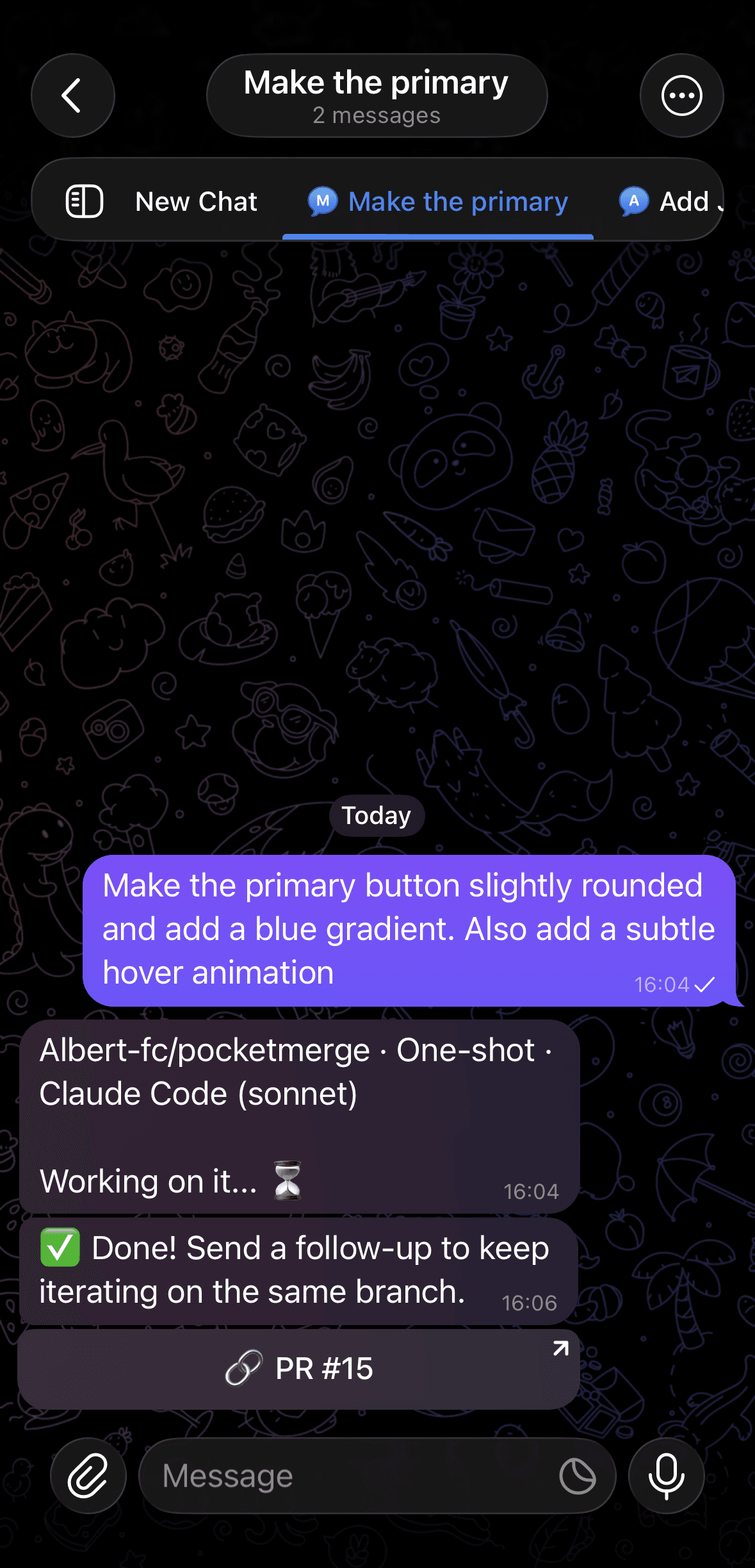 Telegram conversation with Pocket Merge